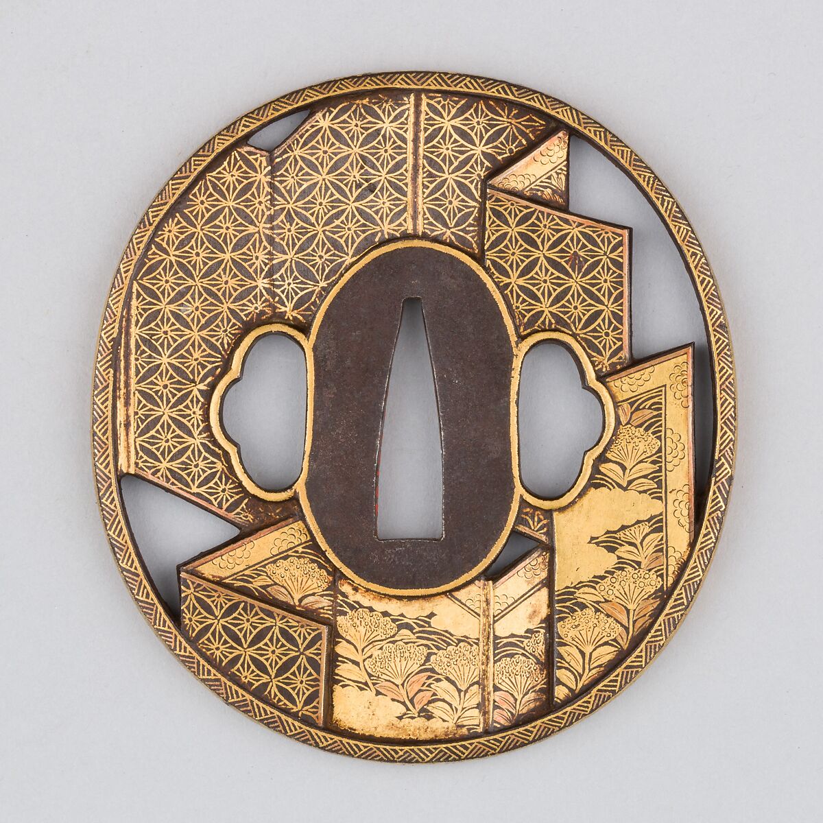 Sword Guard (Tsuba), Iron, gold, copper, Japanese