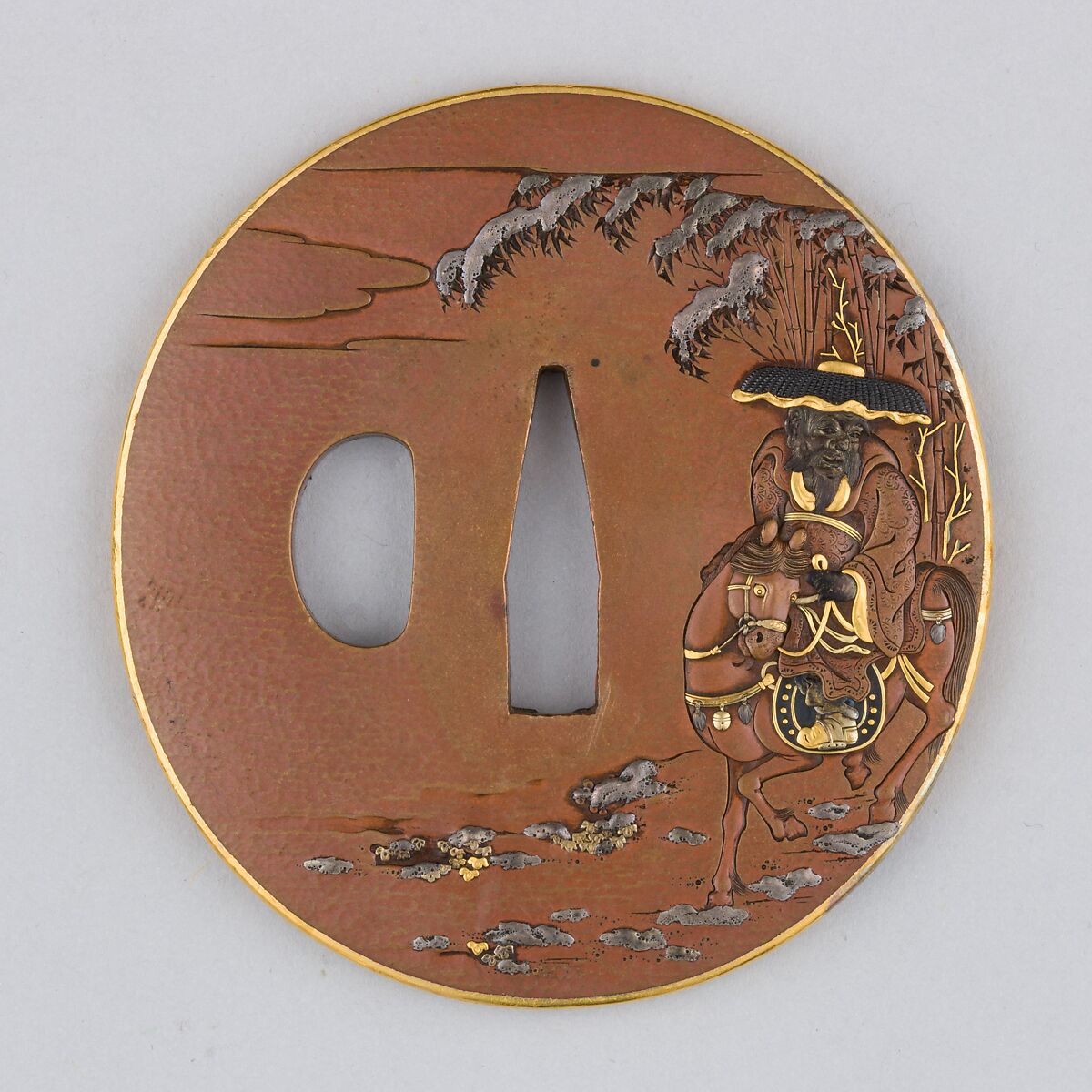 Sword Guard (Tsuba), Copper, silver, gold, copper-gold alloy (shakudō), Japanese