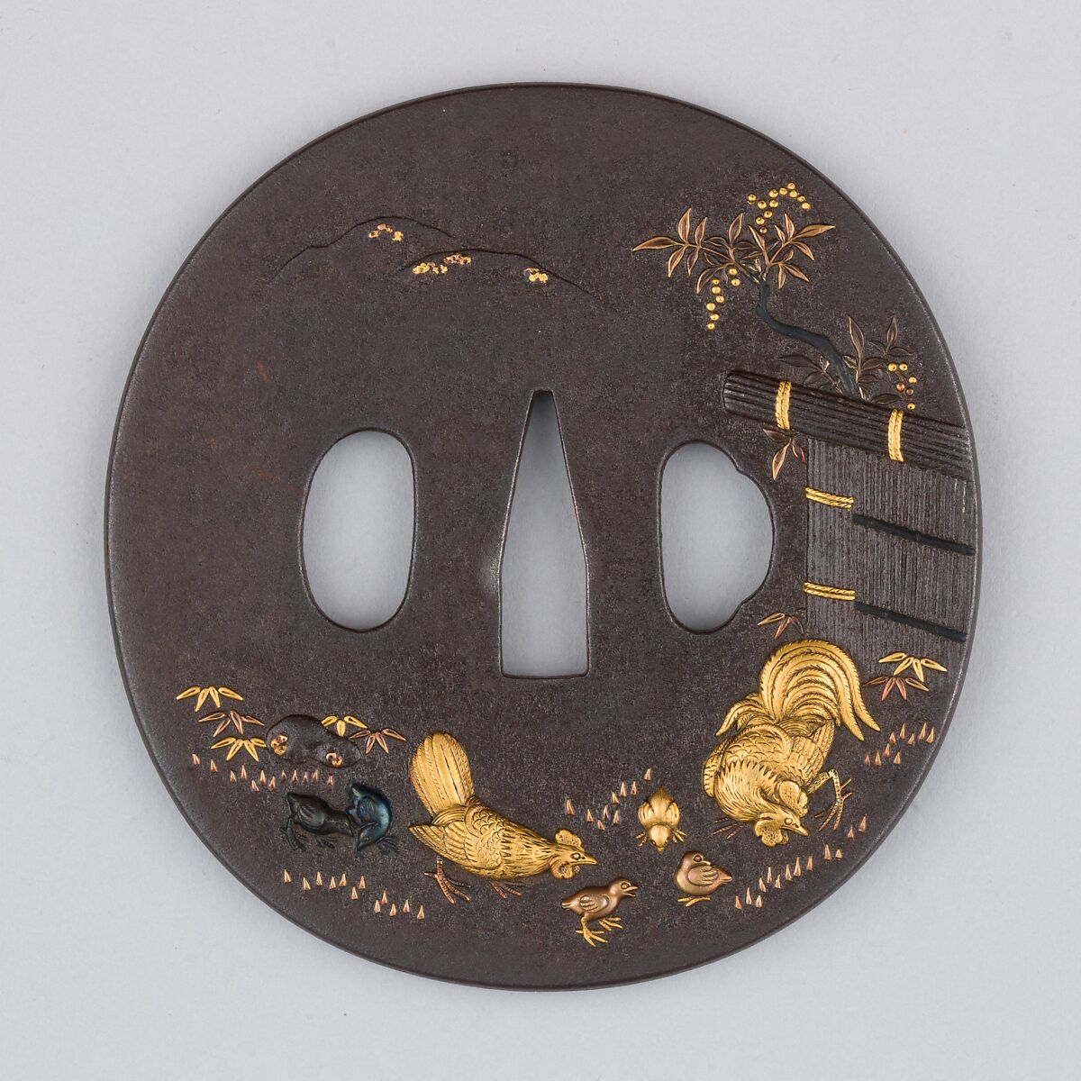 Sword Guard (Tsuba), Iron, gold, silver, copper, Japanese 