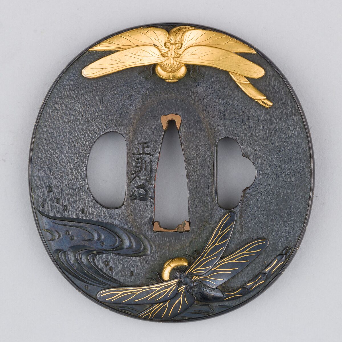 Sword Guard (Tsuba), Copper-gold alloy (shakudō), gold, copper, Japanese 