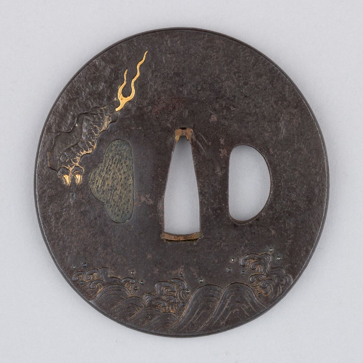 Sword Guard (Tsuba), Iron, gold, copper-silver alloy (shibuichi), copper, Japanese