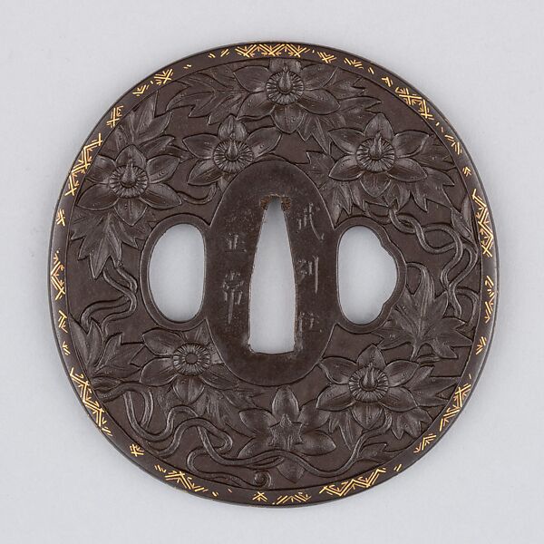 Sword guard (<i>Tsuba</i>) With Chinese Bellflowers Motif (桔梗図鐔), Iron. gold, copper, Japanese 