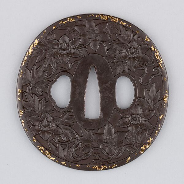 Sword guard (<i>Tsuba</i>) With Chinese Bellflowers Motif (桔梗図鐔), Iron. gold, copper, Japanese