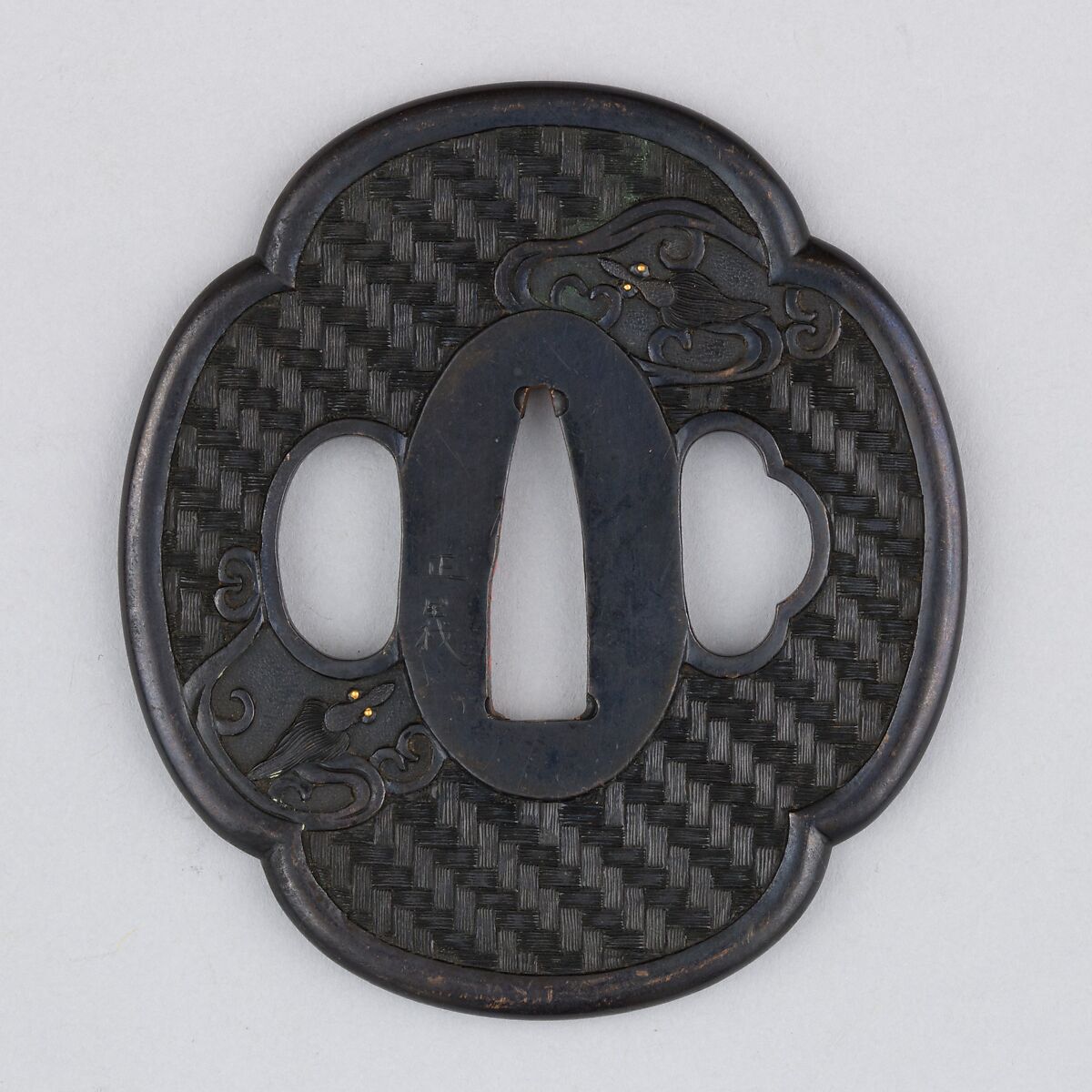 Sword Guard (Tsuba), Copper-gold alloy (shakudō), gold, copper, Japanese 