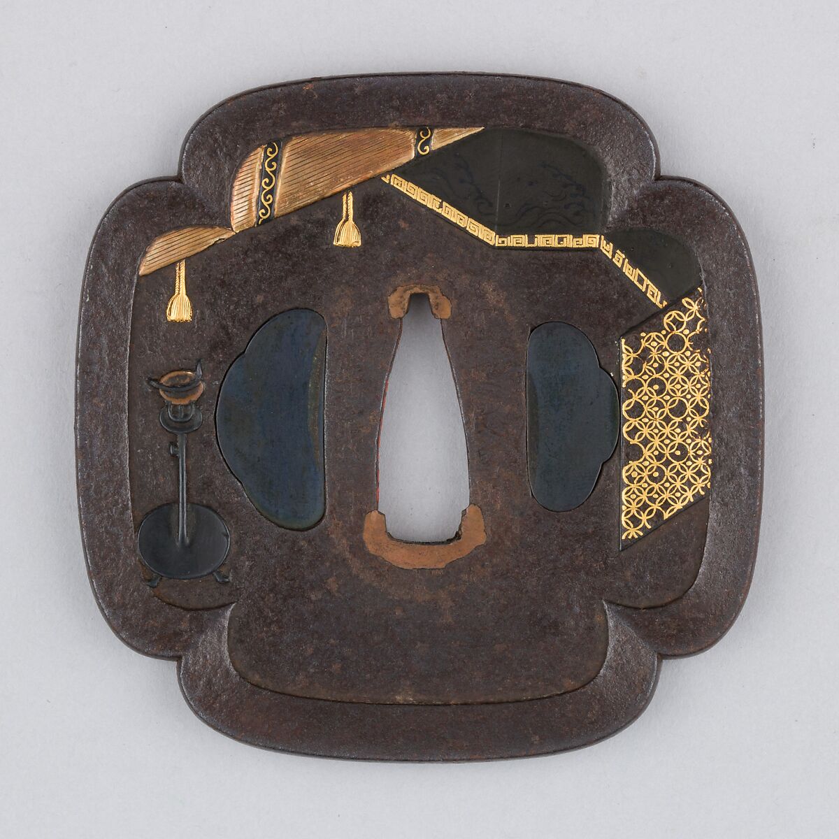 Sword Guard (Tsuba), Iron, copper-gold alloy (shakudō), gold, bronze, copper, Japanese
