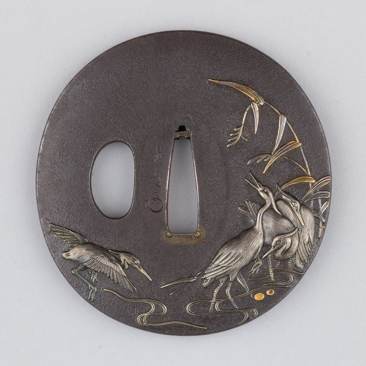 Sword Guard (Tsuba), Inscribed by Ichinomiya Nagatsune (Japanese, 1721–1786), Iron, silver, Japanese 