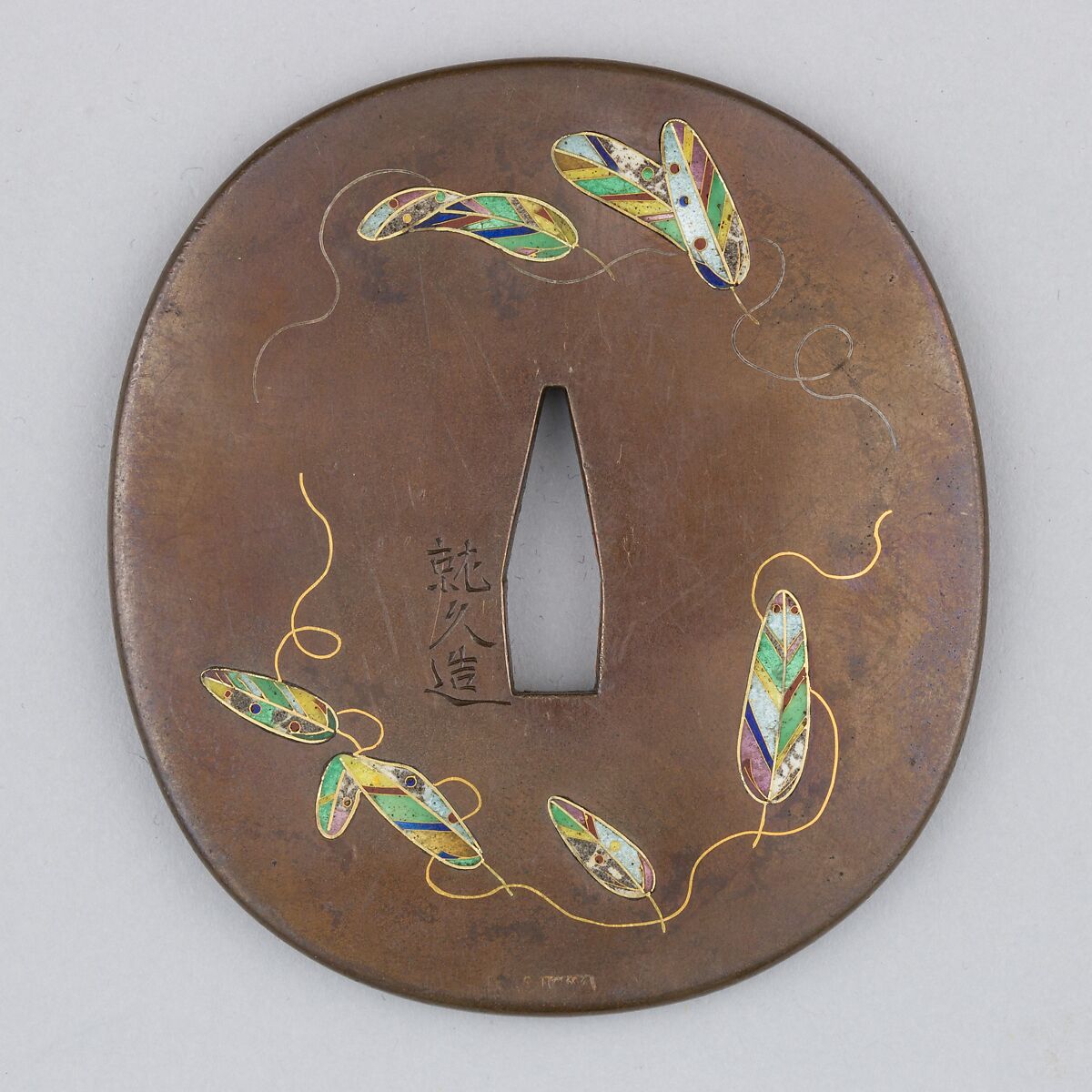 Sword Guard (Tsuba), Iron, enameled cloisonné (shippō), gold, copper, Japanese 