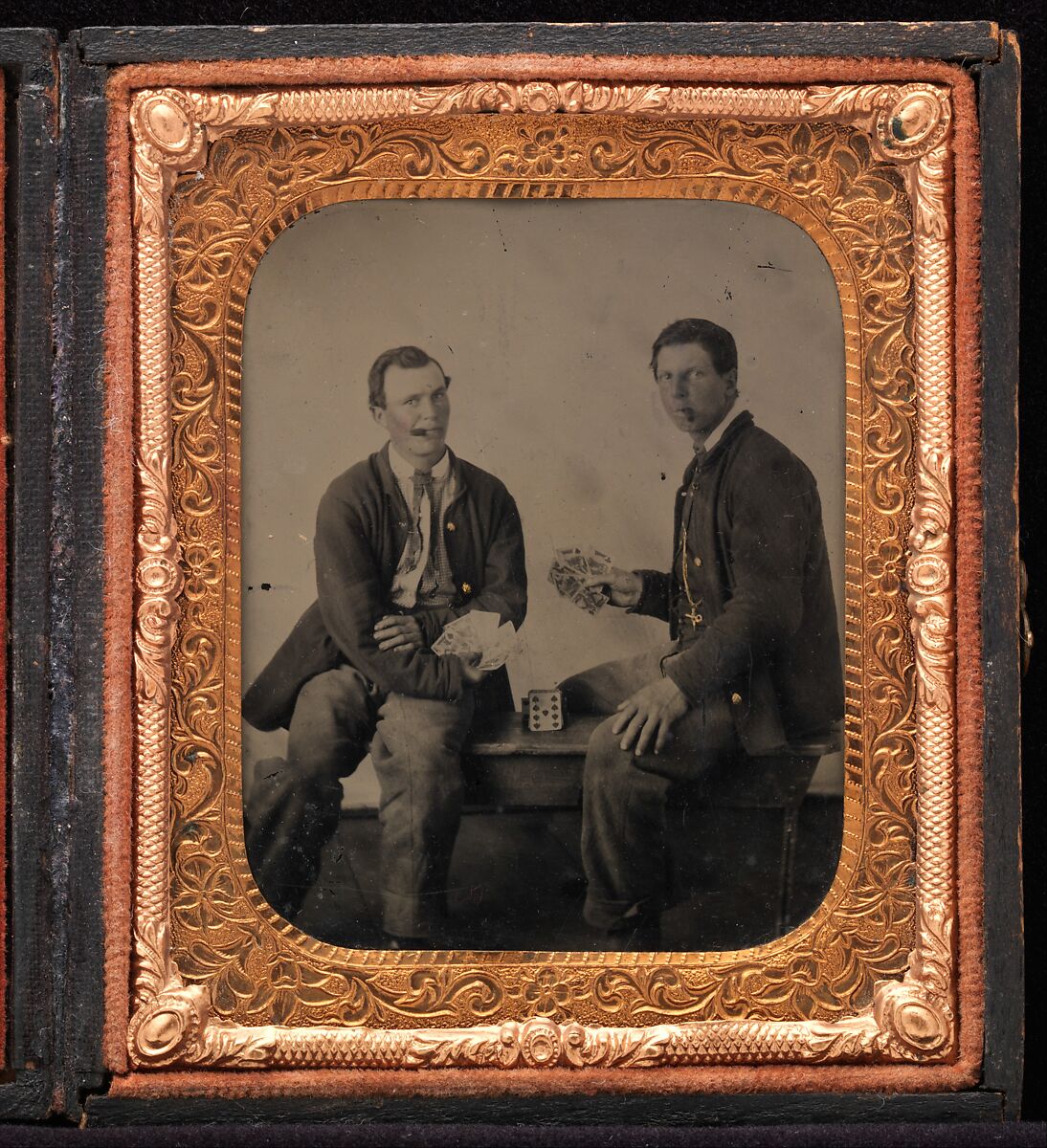 [Union Soldiers Sitting on Bench, Playing Cards], Unknown (American), Tintype with applied color