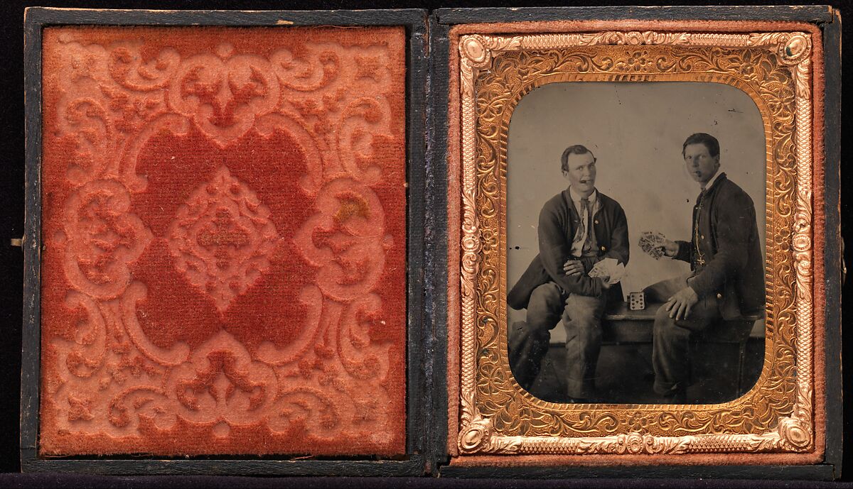 [Union Soldiers Sitting on Bench, Playing Cards], Unknown (American), Tintype with applied color 
