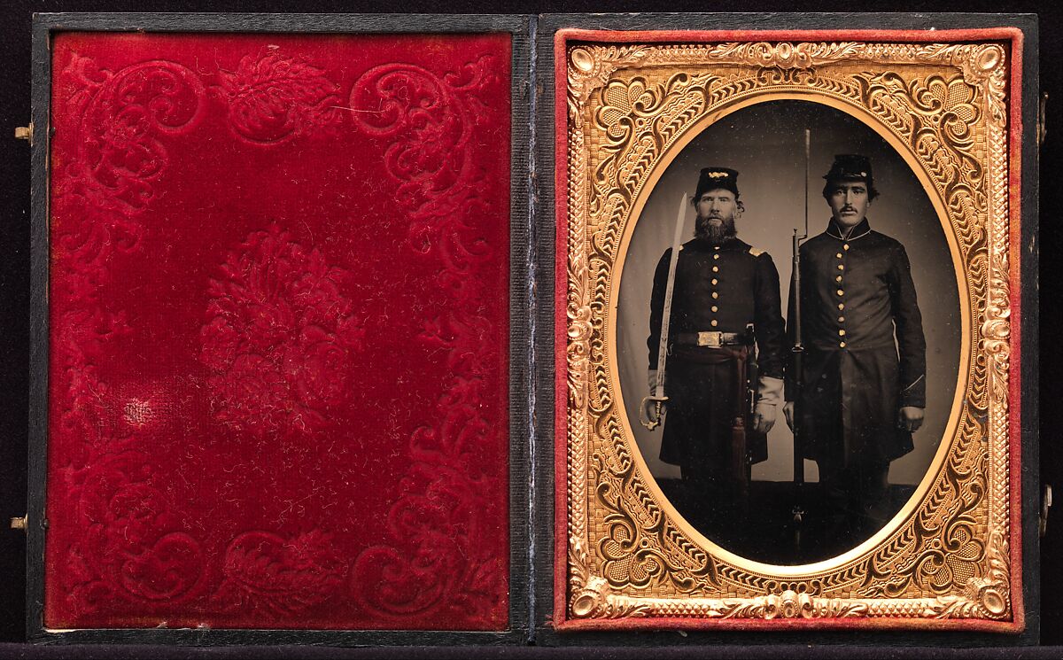 [Union Officer and Private, Standing at Attention, with Sword and Rifle with Fixed Bayonet], Unknown (American), Tintype 