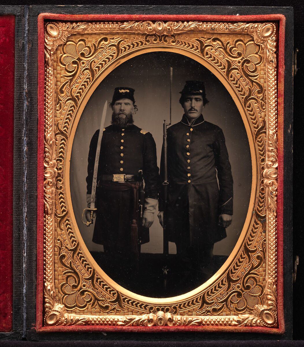 [Union Officer and Private, Standing at Attention, with Sword and Rifle with Fixed Bayonet], Unknown (American), Tintype