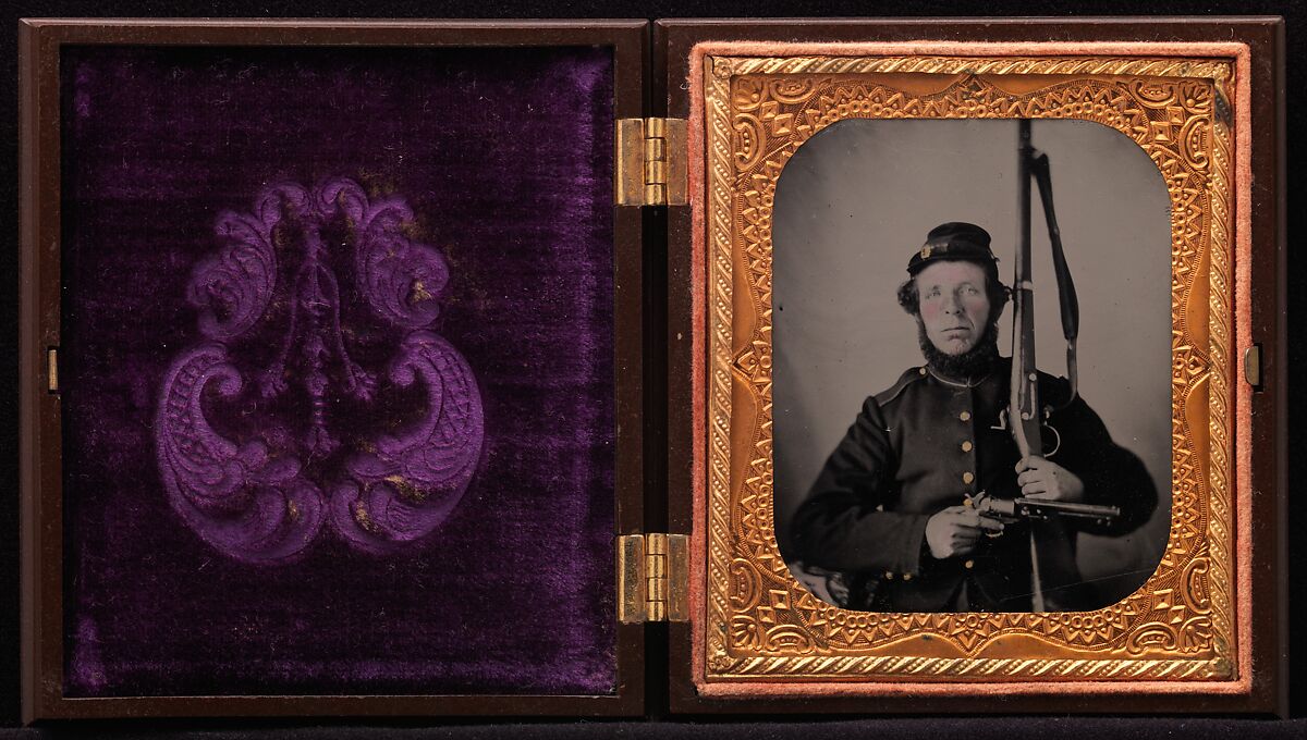 [Union Private with Musket and Pistol], Unknown, Tintype with applied color