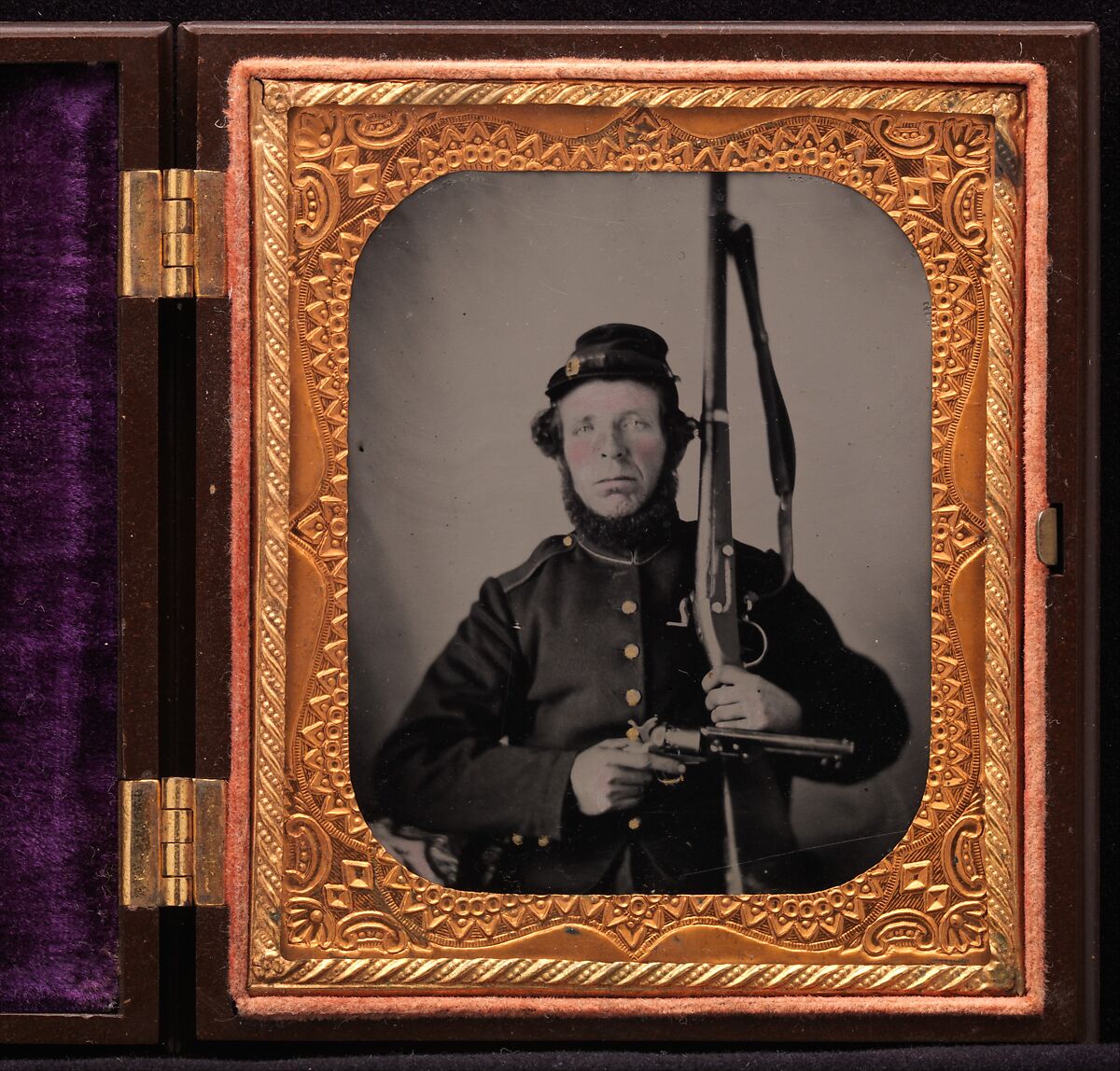 [Union Private with Musket and Pistol], Unknown (American), Tintype with applied color