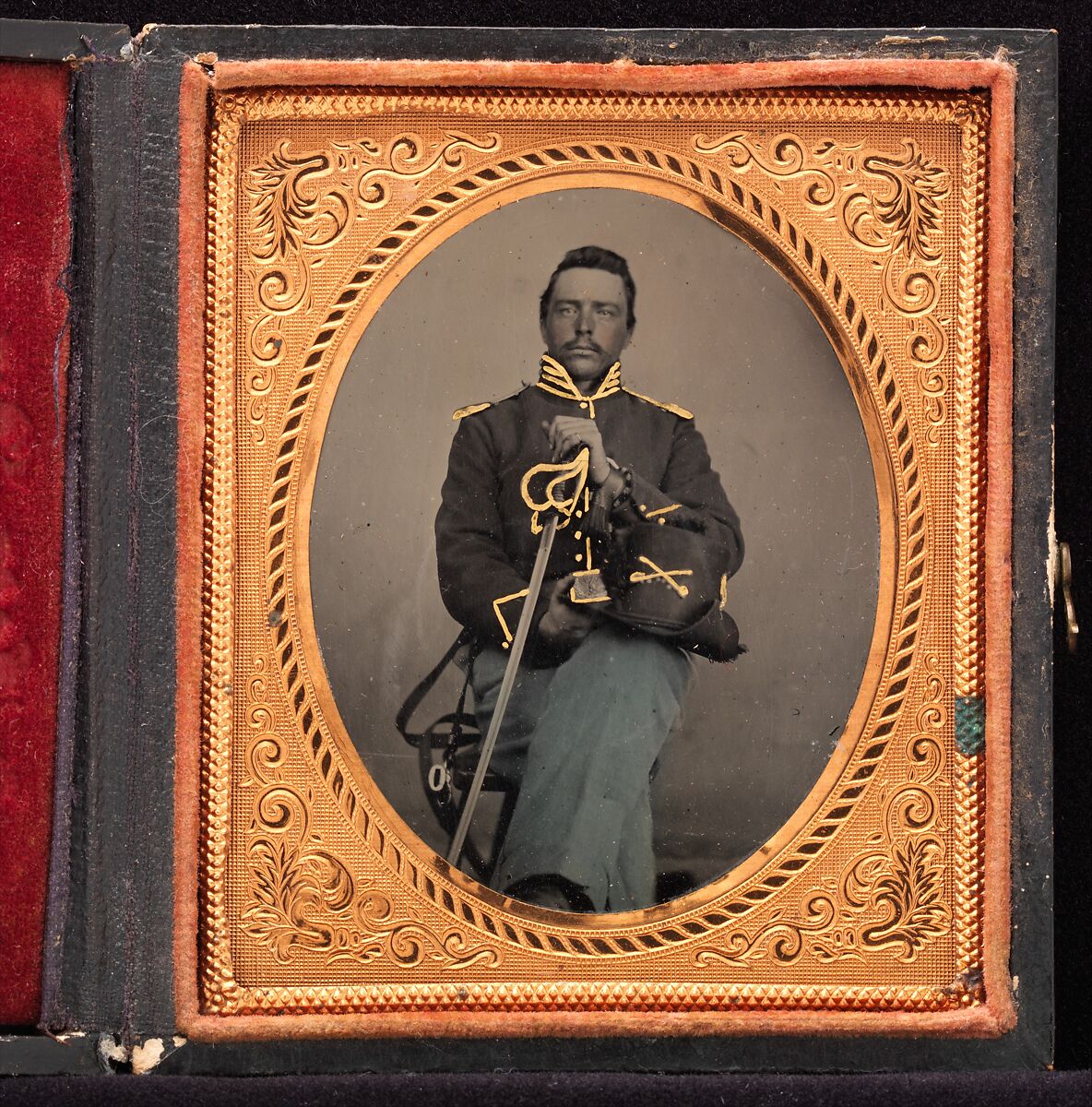 [Union Cavalry Officer Displaying Sword, Holding Hat, Seated in Studio], Unknown (American), Tintype