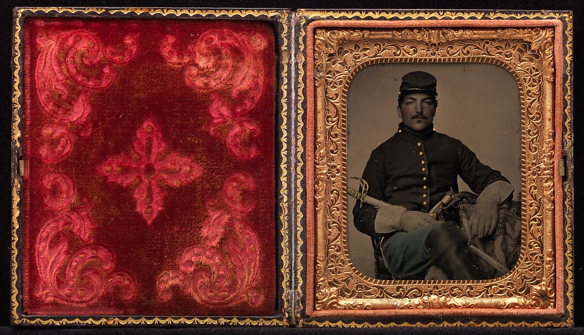 [Union Cavalry Soldier, Seated, with Sword and Handgun], Unknown (American), Tintype with applied color 