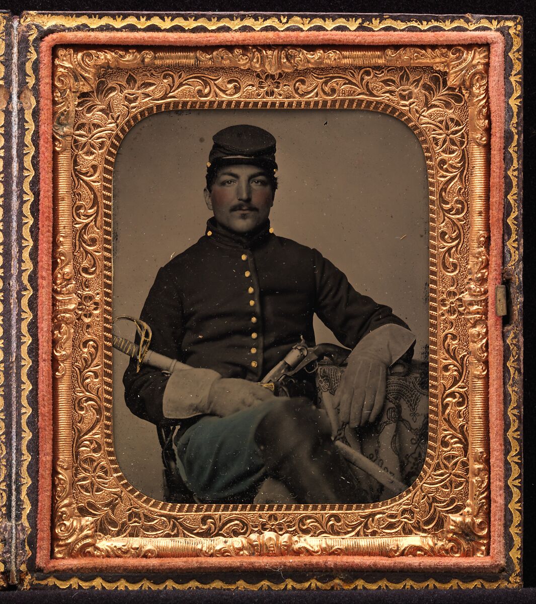 [Union Cavalry Soldier, Seated, with Sword and Handgun], Unknown (American), Tintype with applied color