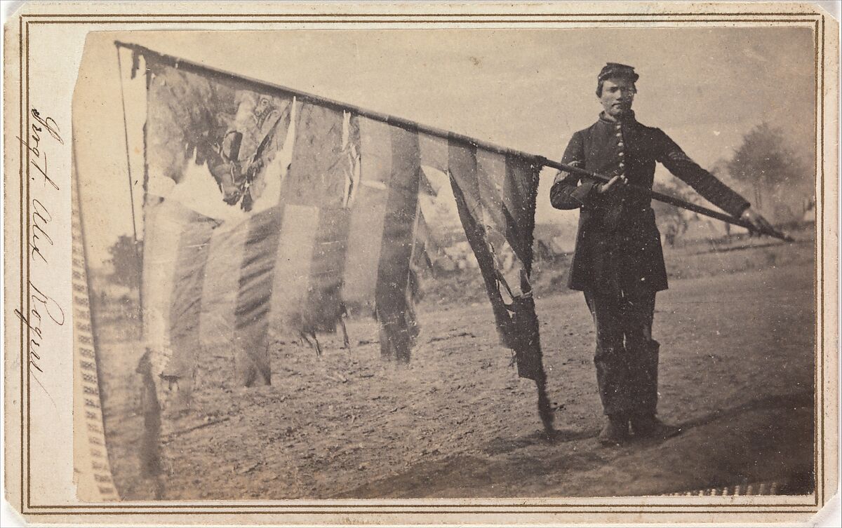 Sergeant Alex Rogers with Battle Flag, Eighty-third Pennsylvania Volunteers, Third Brigade, First Division, Fifth Corps, Army of the Potomac, Unknown (American), Albumen silver print from glass negative 
