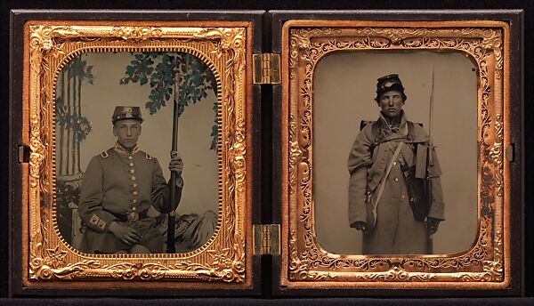 [Union Soldier in Dress Coat, Seated, before Painted Backdrop (left); Union Soldier in Winter Overcoat, Standing, in Full Marching Order (right)], Unknown (American), Ambrotype; tintype 
