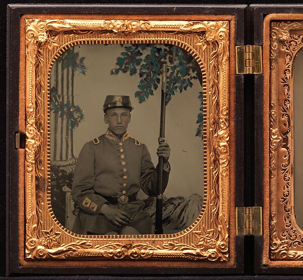 [Union Soldier in Dress Coat, Seated, before Painted Backdrop (left); Union Soldier in Winter Overcoat, Standing, in Full Marching Order (right)], Unknown (American), Ambrotype; tintype
