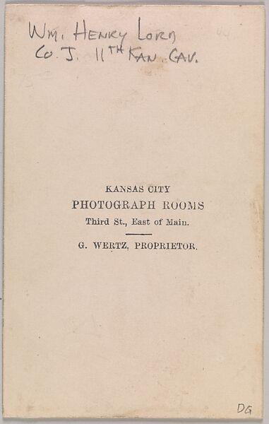 Private William Henry Lord, Company I, Eleventh Kansas Volunteer Cavalry, George Wertz (American, active Kansas City, Missouri, 1860s), Albumen silver print from glass negative