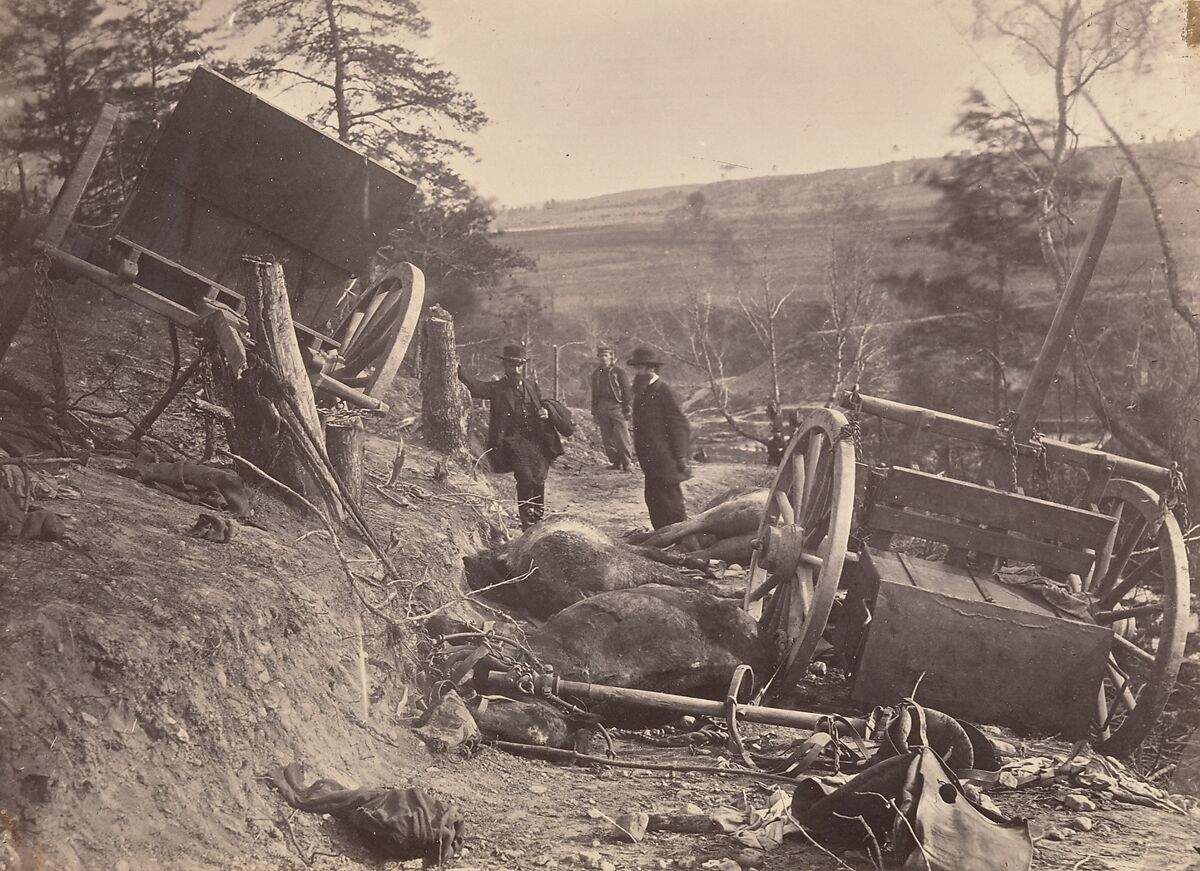 Rebel Cassion Destroyed by Federal Shells. At Fredericksburgh, May 3, 1863. Eight Horses Killed., Andrew Joseph Russell (American, 1830–1902), Albumen silver print from glass negative 