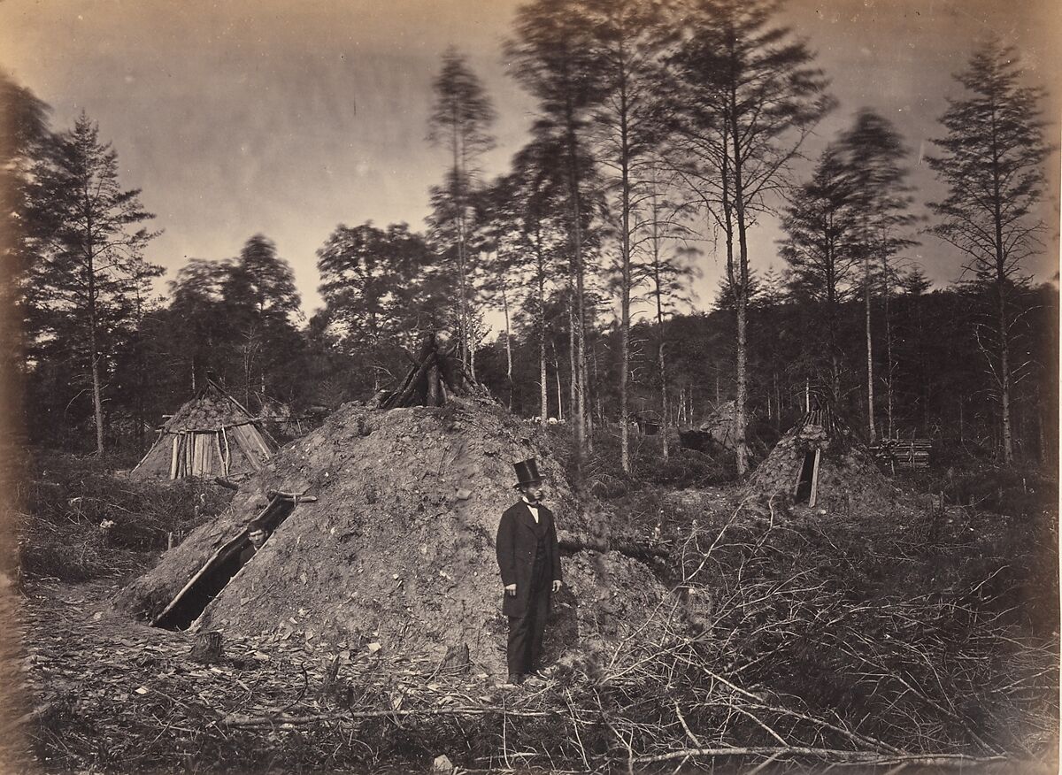 Woodchoppers' Huts in a Virginia Forest. On the Orange & Alexandria Railroad. Wood Supplied U.S.M.R. Railroads under Supervision of Major Brayton, Andrew Joseph Russell (American, 1830–1902), Albumen silver print from glass negative 