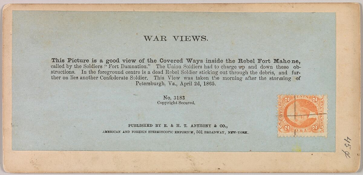 Covered Ways inside the Rebel Fort Mahone, Called by the Soldiers "Fort Damnation," Petersburgh, Virginia, Thomas C. Roche (American, 1826–1895), Albumen silver print from glass negative
