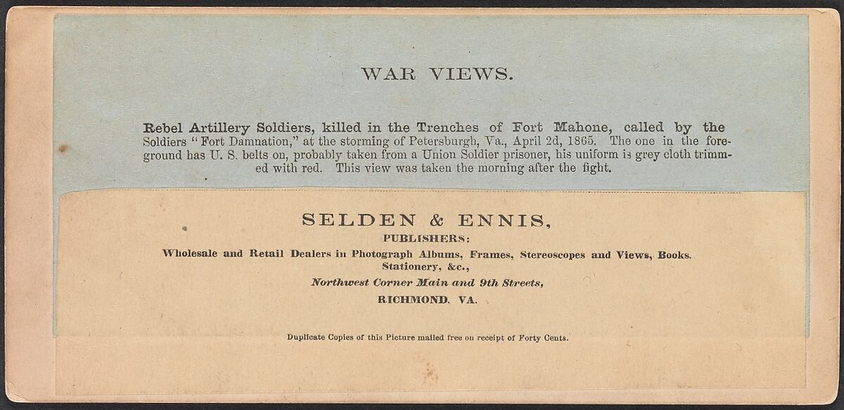 Rebel Artillery Soldiers, Killed in the Trenches of Fort Mahone, Called by the Soldiers "Fort Damnation," at the Storming of Petersburgh, Virginia, Thomas C. Roche (American, 1826–1895), Albumen silver print from glass negative
