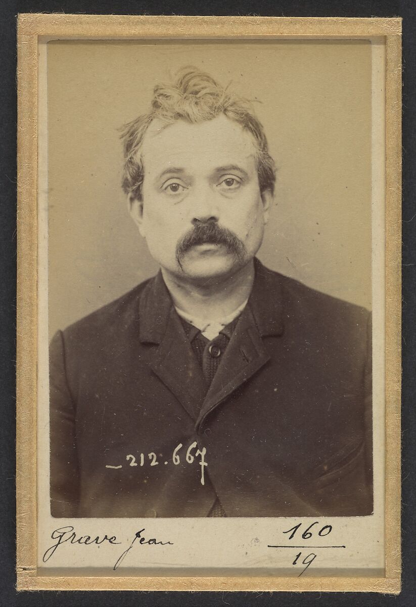 Grave. Jean. 38 ans, né le 16/10/54 à Breuil (Puy de Dôme). Typographe. Anarchiste. 9/1/94., Alphonse Bertillon (French, 1853–1914), Albumen silver print from glass negative 