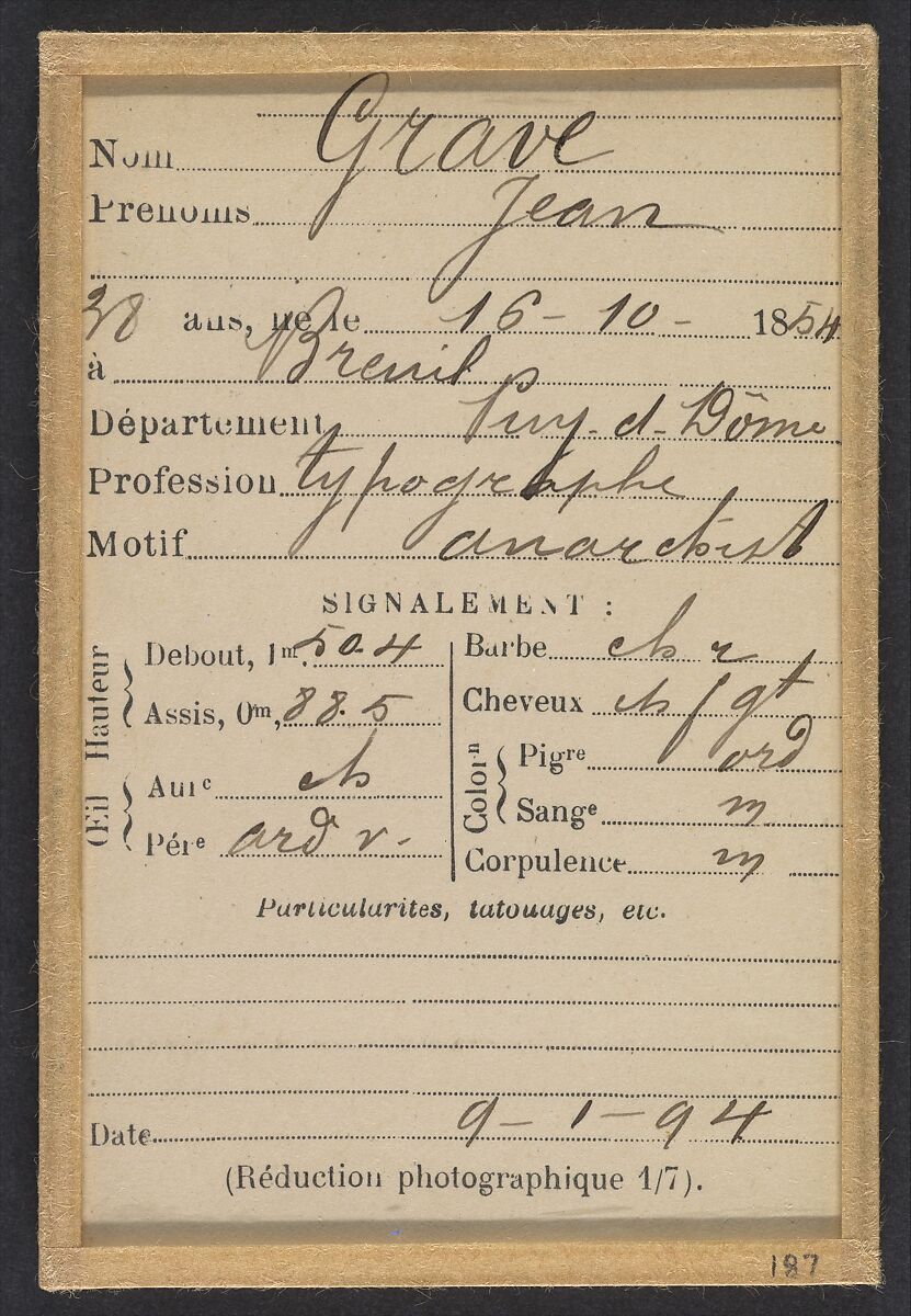 Grave. Jean. 38 ans, né le 16/10/54 à Breuil (Puy de Dôme). Typographe. Anarchiste. 9/1/94., Alphonse Bertillon (French, 1853–1914), Albumen silver print from glass negative