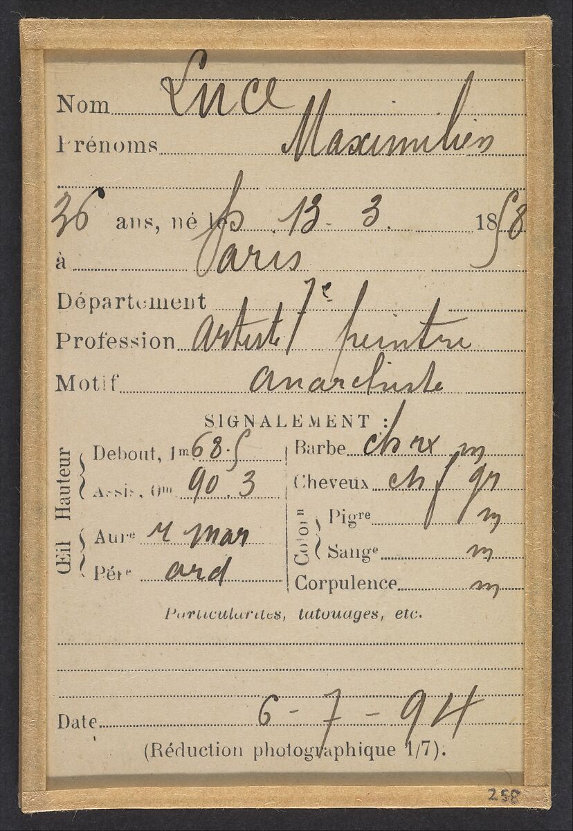 Luce. Maximilien. 36 ans, né le 13/3/58 à Paris VIIe. Artiste-peintre. Anarchiste. 6/7/94., Alphonse Bertillon (French, 1853–1914), Albumen silver print from glass negative