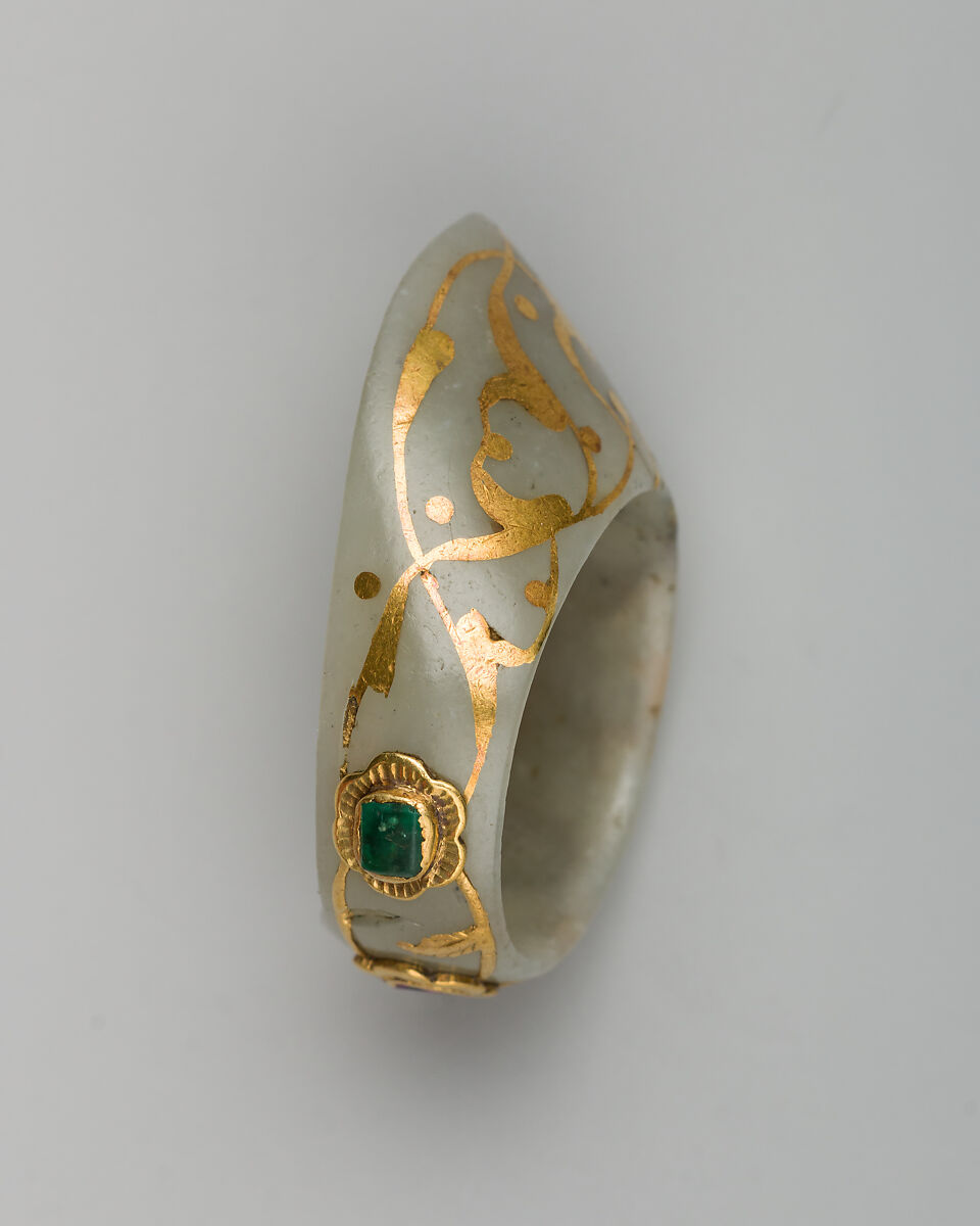 Archer's Thumb Ring, Jade, gold, emeralds, ruby, Turkish