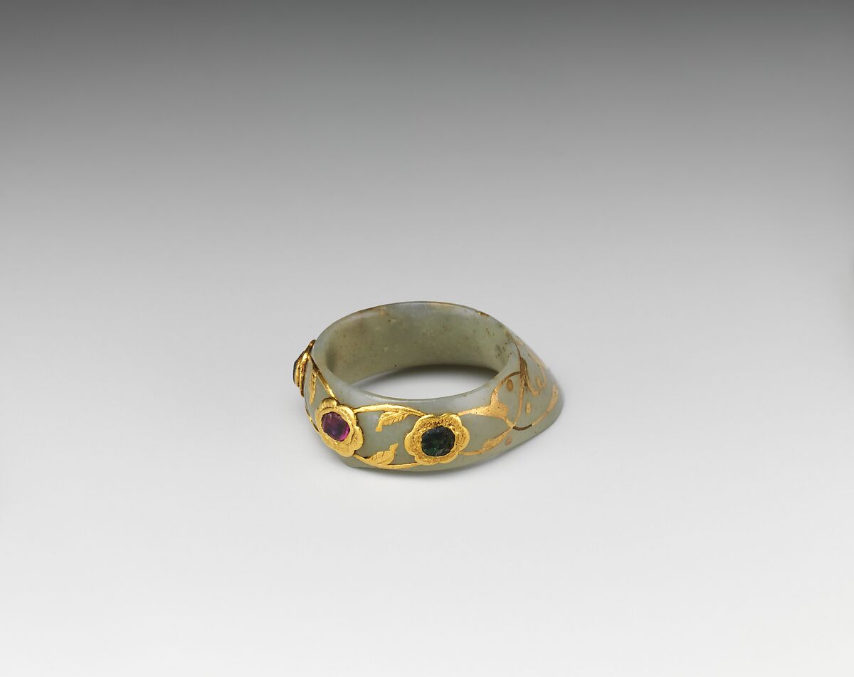 Archer's Thumb Ring, Jade, gold, emeralds, ruby, Turkish