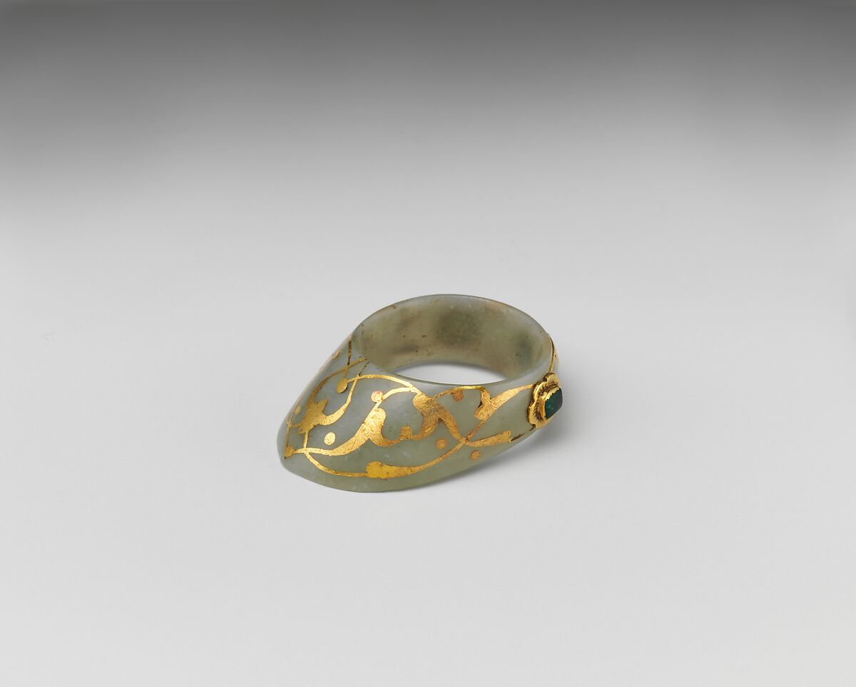 Archer's Thumb Ring, Jade, gold, emeralds, ruby, Turkish