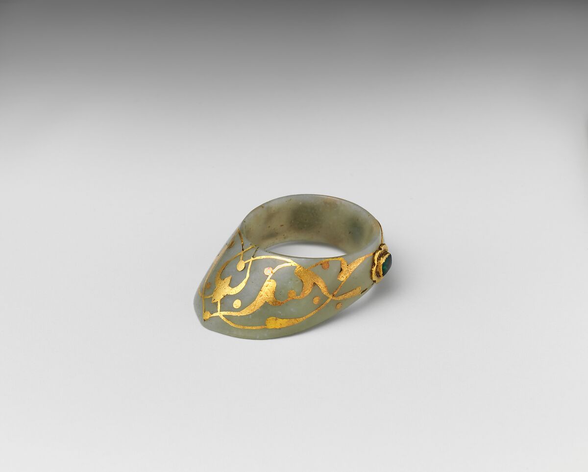 Archer's Thumb Ring, Jade, gold, emeralds, ruby, Turkish 