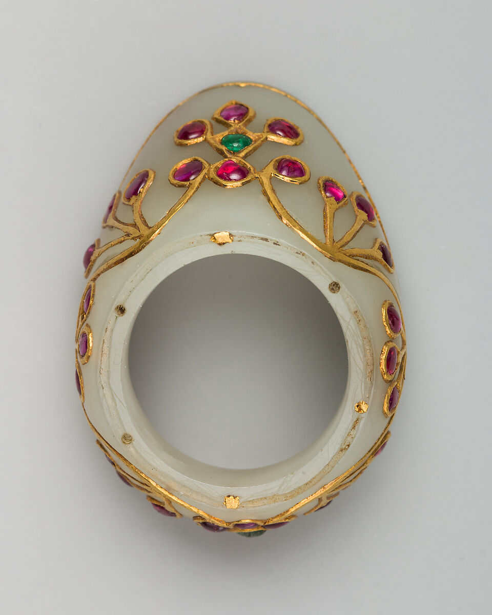 Archer's Ring, Jade, gold, rubies, emeralds, Indian
