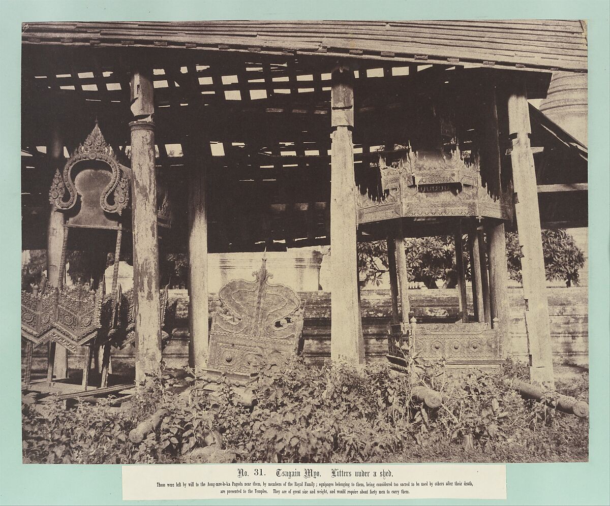 Tsagain Myo: Litters under a shed., Linnaeus Tripe (British, Devonport (Plymouth Dock) 1822–1902 Devonport), Albumen silver print from waxed(?) paper negative 