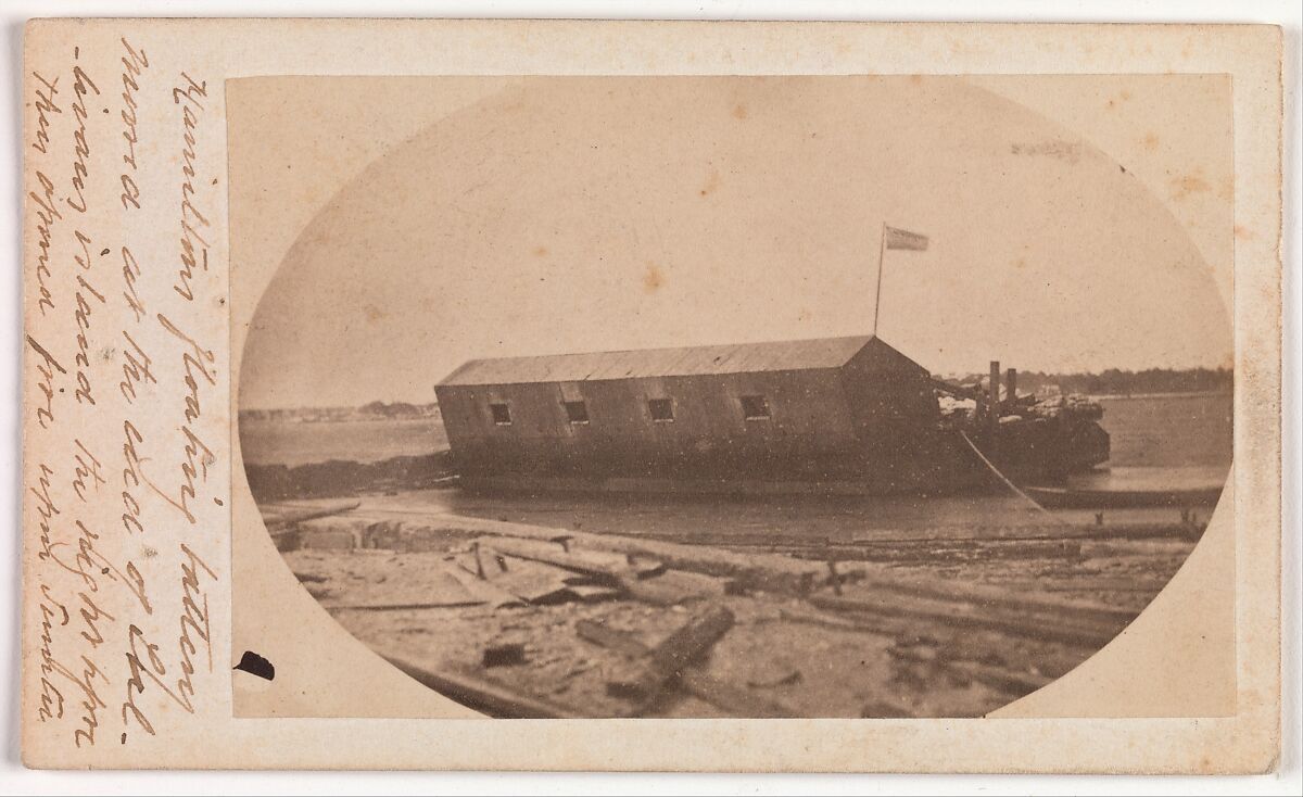 Hamilton's Floating Battery Moored at the End of Sullivan's Island the Night Before They Opened Fire upon Fort Sumter, Alma A. Pelot  American, Albumen silver print from glass negative