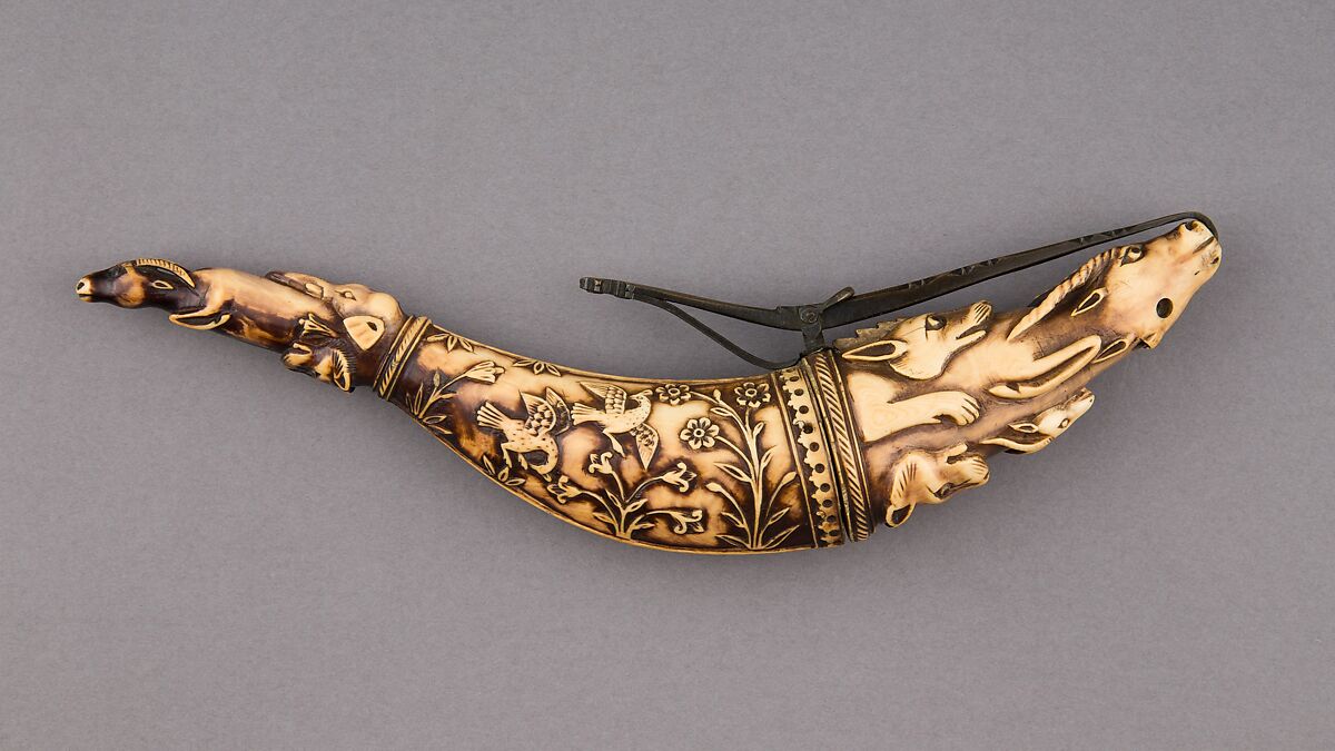 Priming Flask, Ivory, iron, copper alloy, Indian