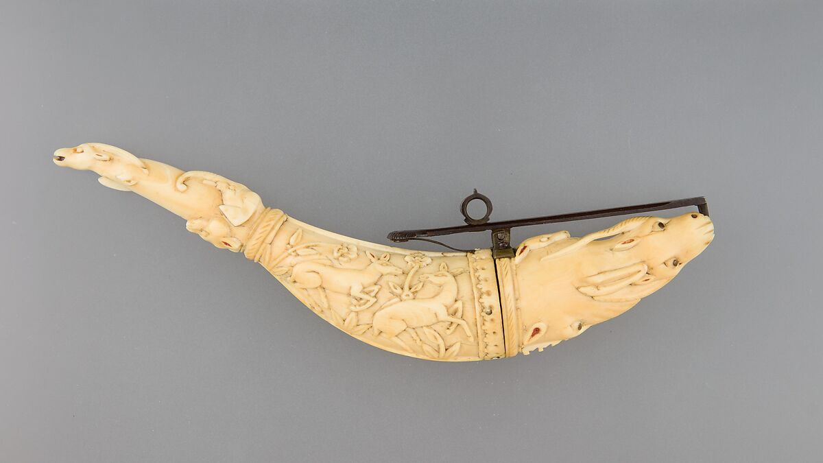 Priming Flask, Ivory, iron, copper alloy, Indian