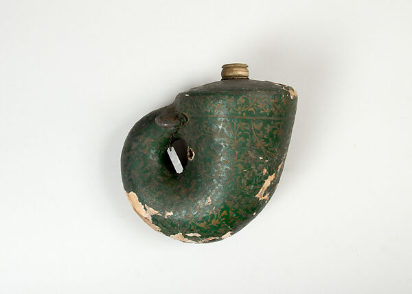 Powder Flask, Paper maiche, pigment, bone, brass, Indian 