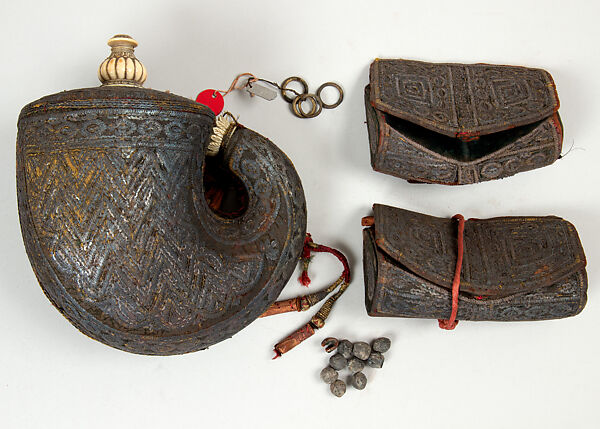 Powder Flask with Two Pouches, Wood, leather, velvet, silver, ivory, Indian 