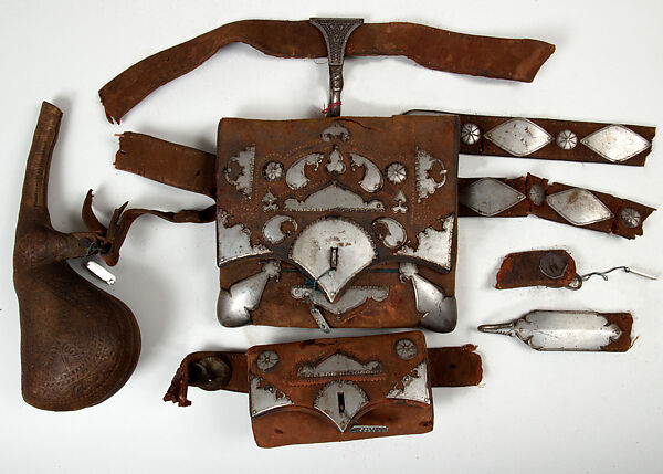 Ammunition Belt (Kamr) with Powder Flask and Two Pouches, Cowhide, steel, camel's intestine, Afghan 