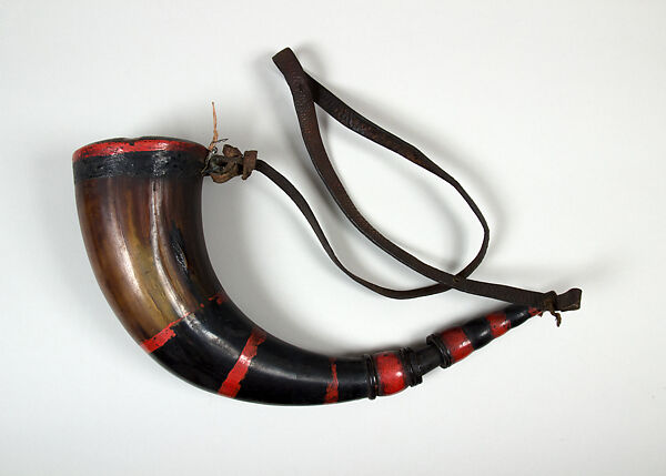 Powder Flask, Horn, wood, leather, pigment, Indian, Naga 