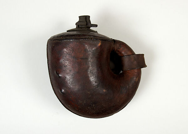 Powder Flask, Wood, leather, brass, Indian 
