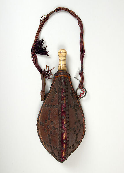 Powder Flask with Cord, Leather, brass, textile, horn, Moroccan 