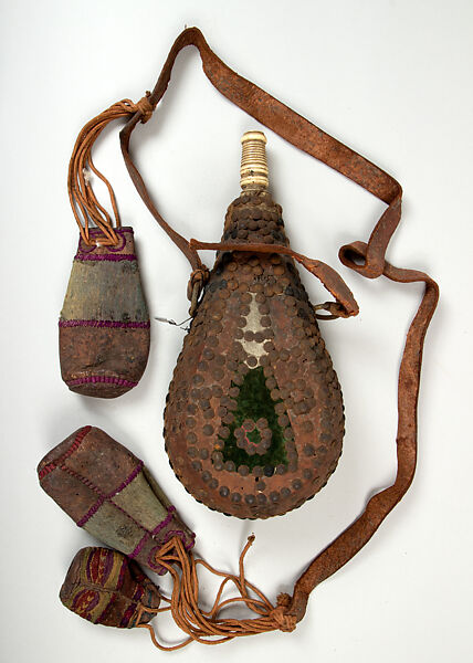Powder Flask and Three Bullet Pouches, Leather, textile, brass, bone, Moroccan 
