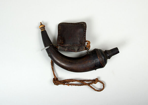 Powder Flask and Bullet Pouch, Horn, wood, leather, ivory, brass, textile, Cambodian 