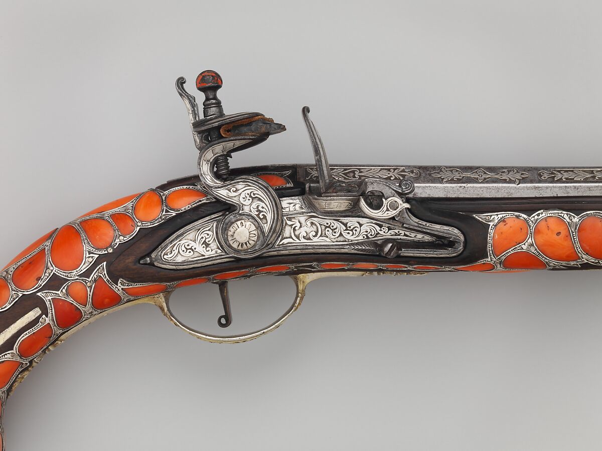 Pair of Flintlock Pistols, Steel, wood, coral, silver, gold, Algerian