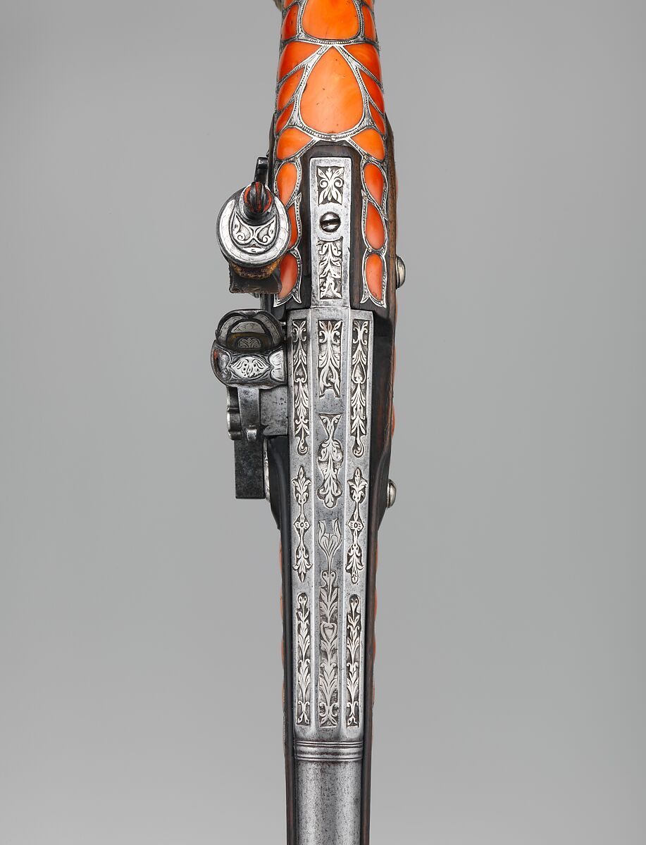 Pair of Flintlock Pistols, Steel, wood, coral, silver, gold, Algerian